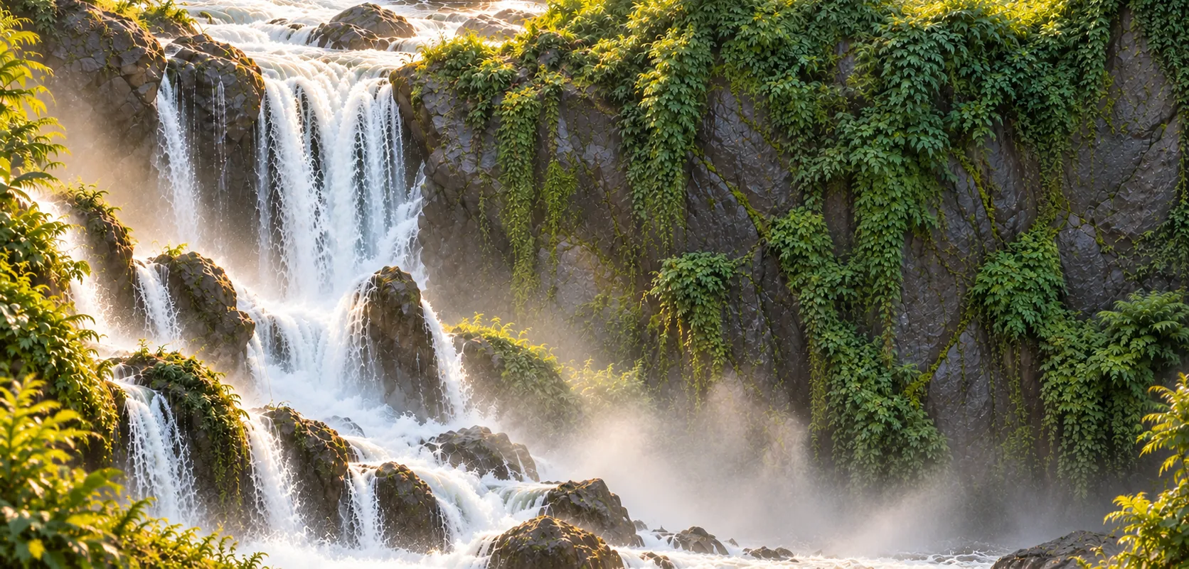 A waterfall tumbling over mossy rocks in golden morning light
