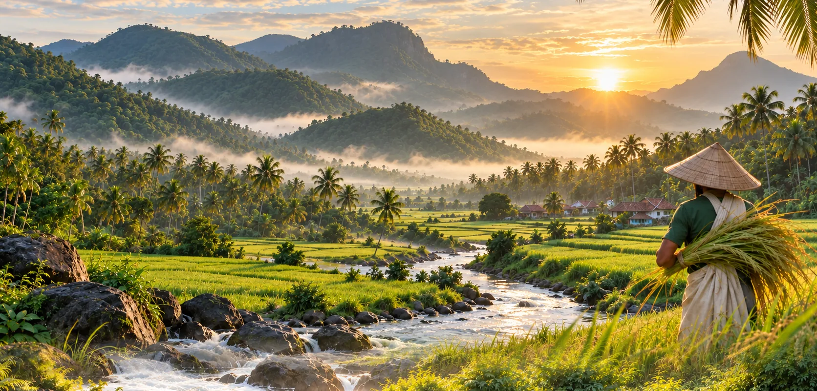 A farmer carrying harvested paddy beside a river at sunrise, hills and coconut palms behind