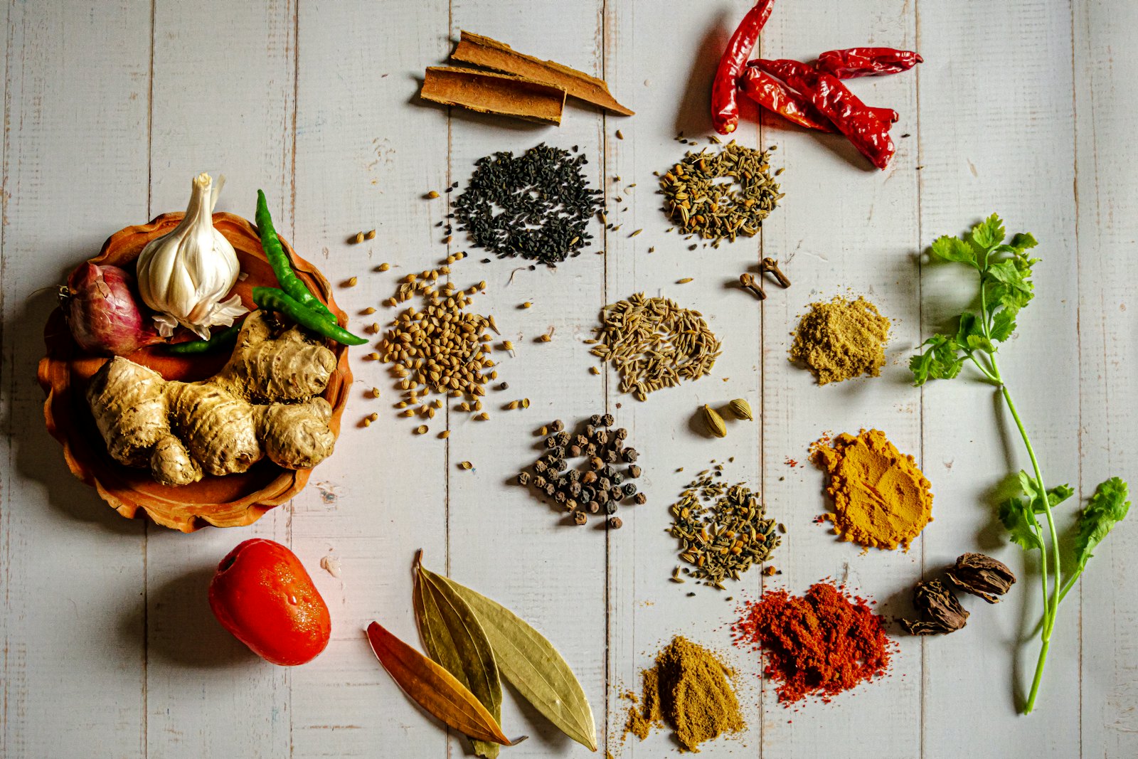 Spices and produce laid out